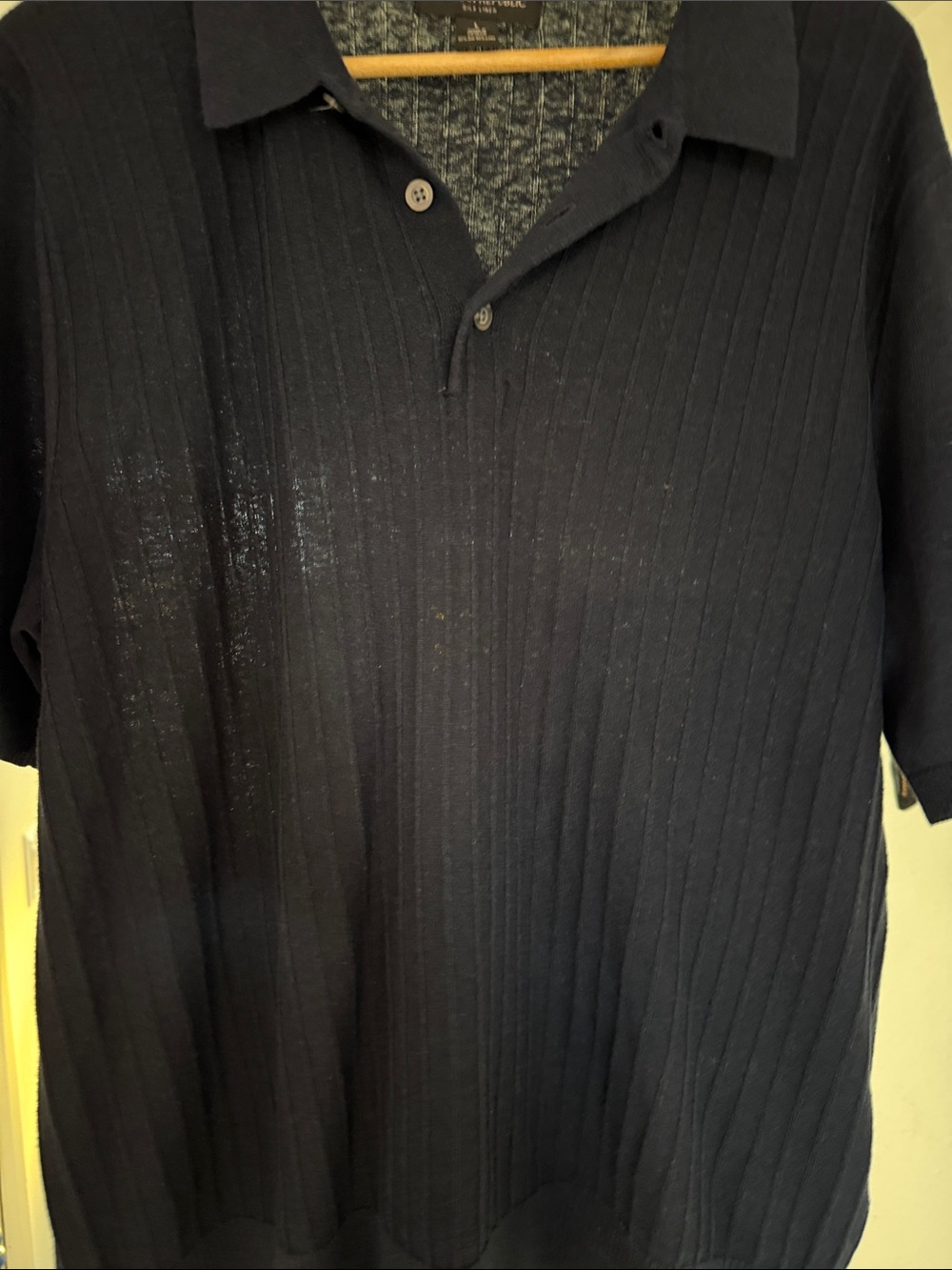 Men's Navy Ribbed Short-Sleeve Polo Shirt Silk/Linen